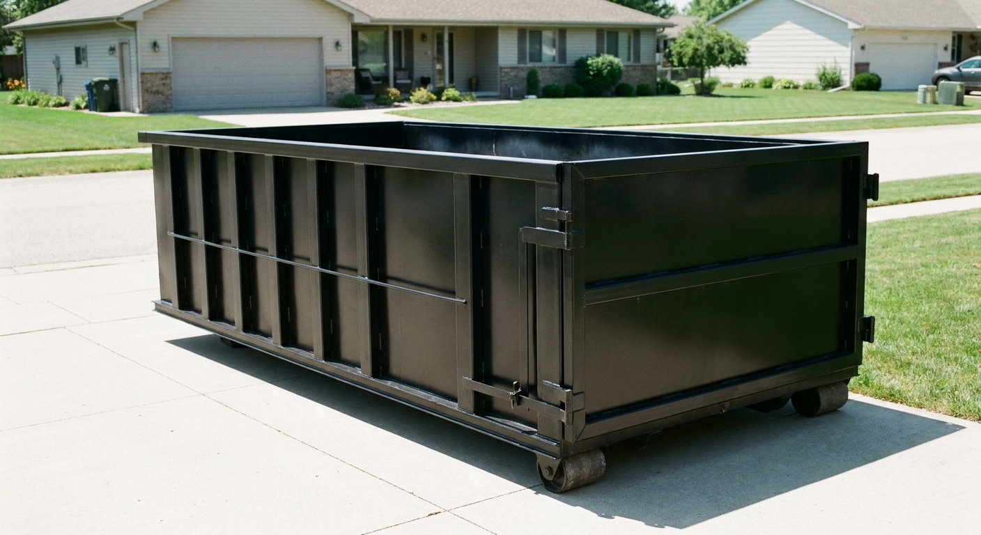 Matte-black 10-yard roll-off dumpster on a residential concrete driveway in Conroe, uniformly painted matte black across every panel and rail, ribbed steel sidewalls and rear swing door visible, mid-day daylight.