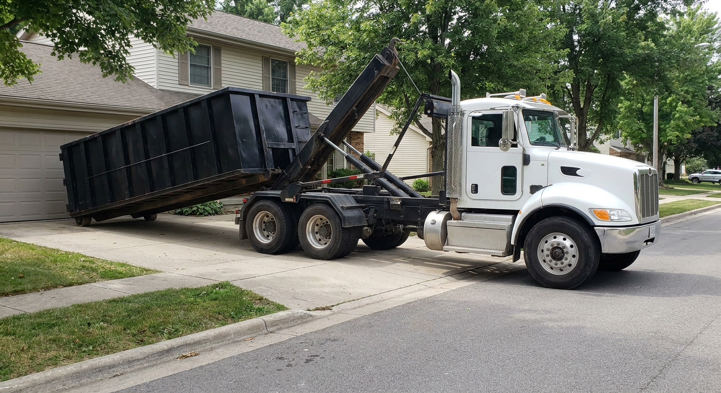 White-cab hooklift roll-off truck actively lowering a matte-black dumpster onto a Conroe residential concrete driveway, the dumpster's rear wheels touching the driveway as the hoist arm tilts the bed forward, mid-morning daylight.