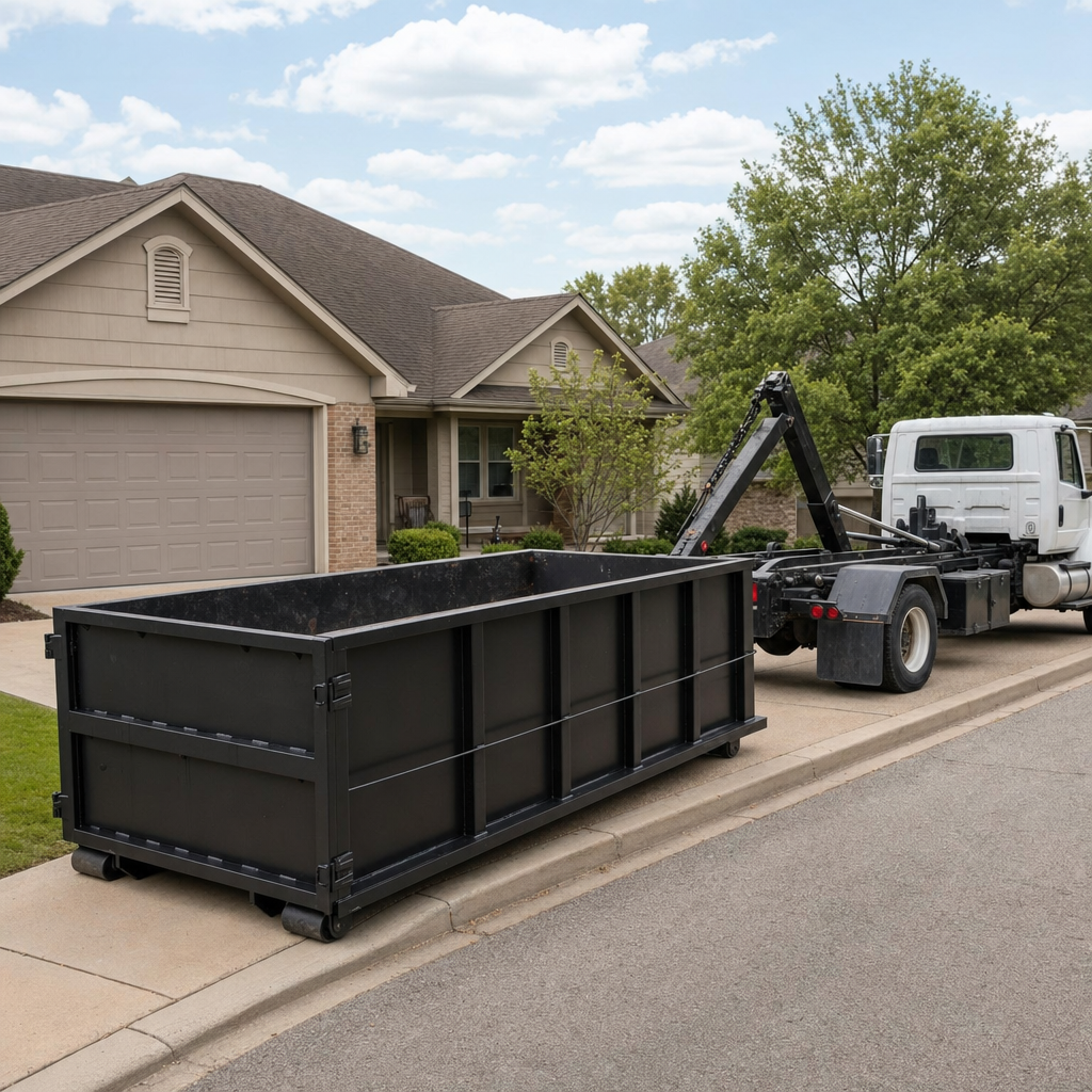 Wide documentary shot of a matte-black roll-off dumpster on a Conroe residential driveway in the foreground and a contractor jobsite container in the soft-focus background, bright daylight, calm and orderly composition.
