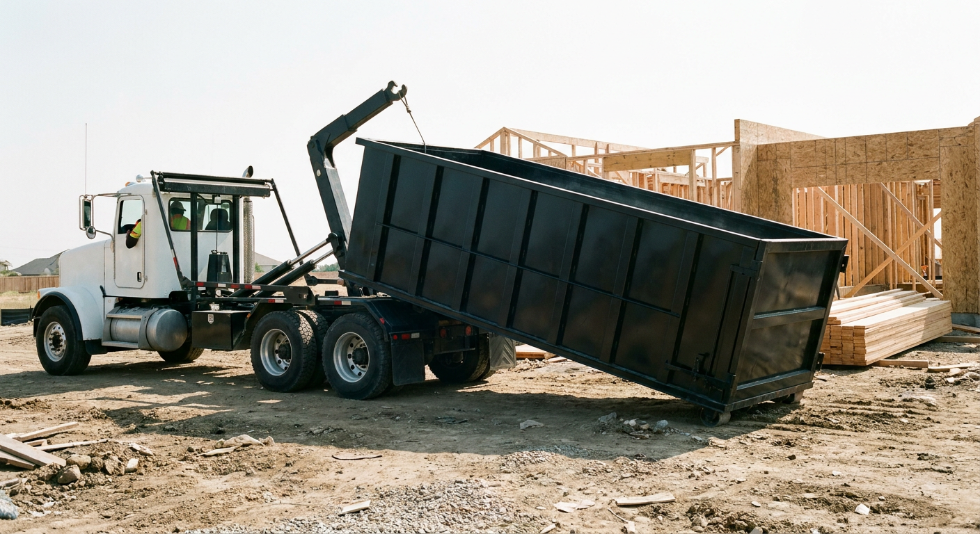 Matte-black roll-off dumpster being delivered onto a clean residential concrete driveway in Conroe by an unmarked white hooklift hauler truck, bright morning daylight, documentary 35mm perspective.